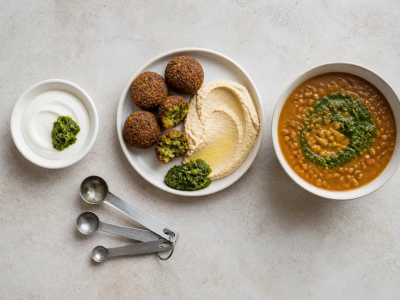 Small, medium, and larger portions of green schug served with yogurt, falafel and hummus, and lentil soup