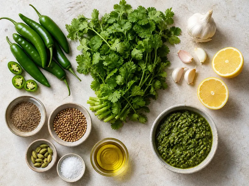 Green chiles, cilantro, garlic, lemon, spices, oil, and a bowl of coarse green schug