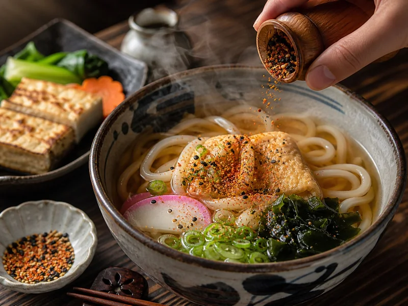 Shichimi being sprinkled over steaming udon beside grilled tofu and vegetables