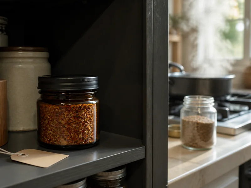 Airtight amber jar of shichimi in a dark cupboard contrasted with an open jar near stove steam and sunlight