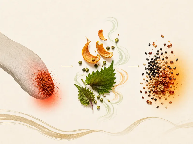 Flavor sequence from fine red chile through citrus, sansho and shiso to sesame and roasted chile