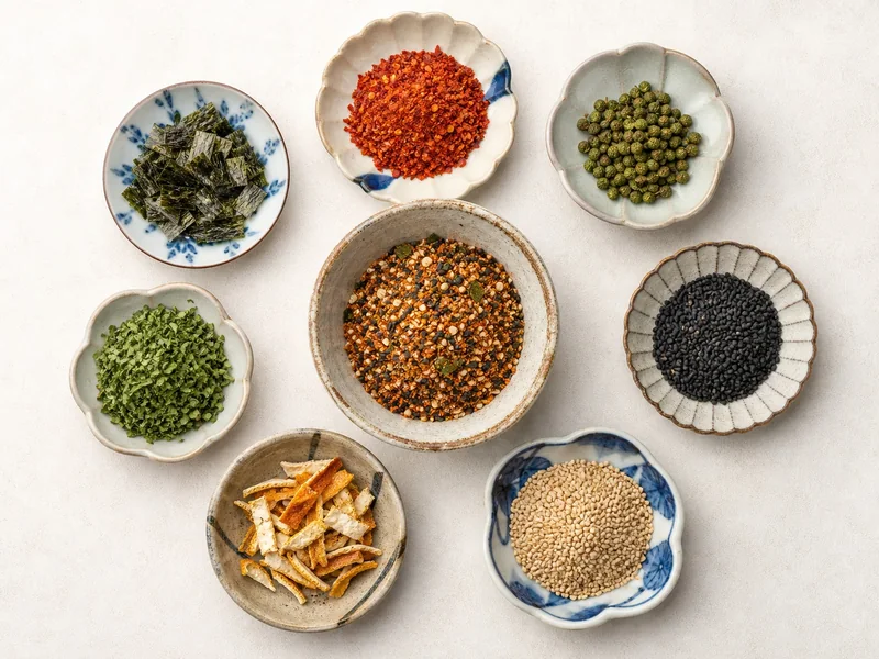 Red chile, sansho, sesame, citrus peel, herbs, seaweed, and finished shichimi arranged in separate dishes