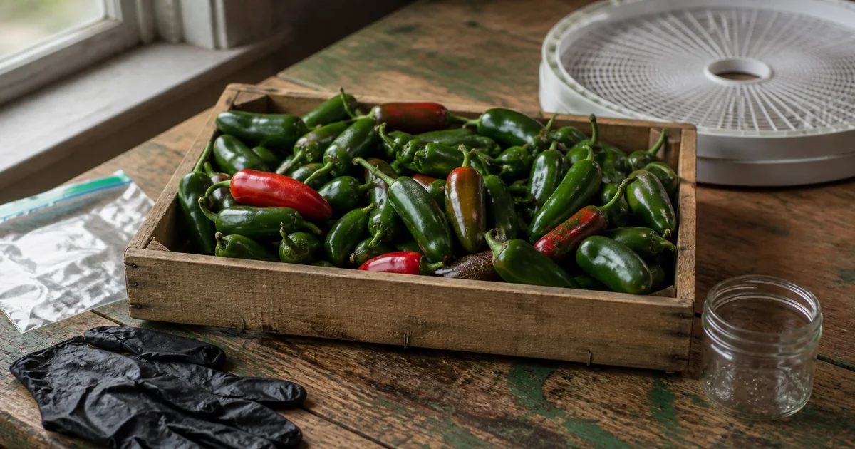 Large crate of green and red jalapenos beside gloves, freezer bag, glass jar, and dehydrator tray