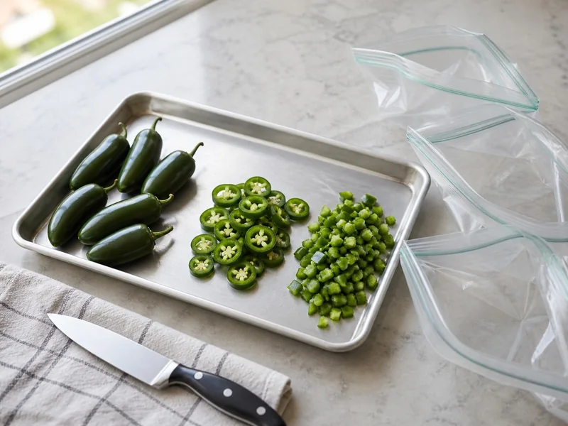 Whole, sliced, and diced green jalapenos arranged on a tray beside open freezer bags