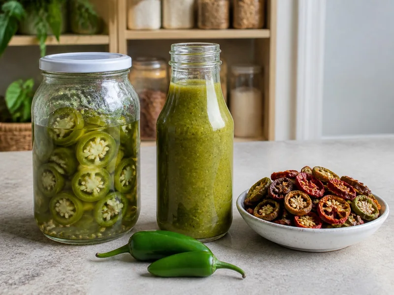 Jar of pickled jalapeno rings, green fermented sauce, and bowl of brittle dried jalapeno slices