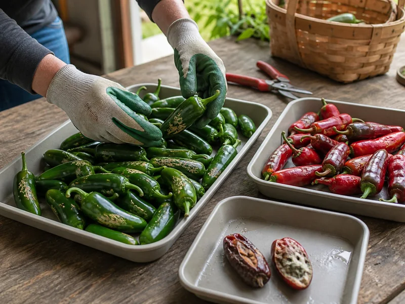 Gloved hands sorting firm green, ripe red, and visibly spoiled jalapenos into separate trays