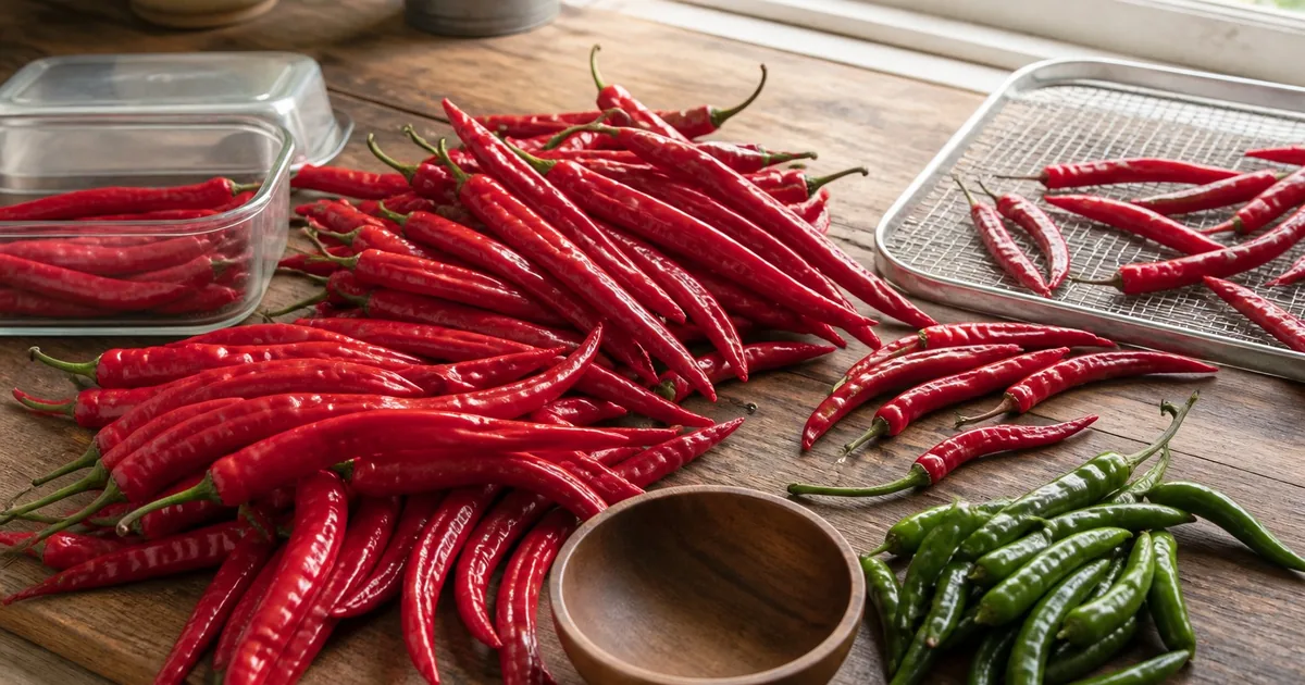 Fresh red and green cayenne peppers sorted beside a drying tray and freezer container