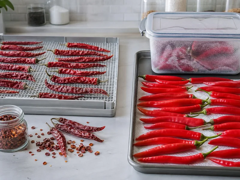 Dried cayenne peppers and flakes beside whole cayennes prepared for freezing