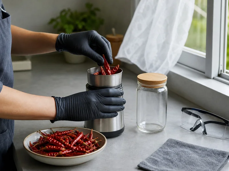 Gloved cook loading dried cayenne peppers into a spice grinder beside an open window
