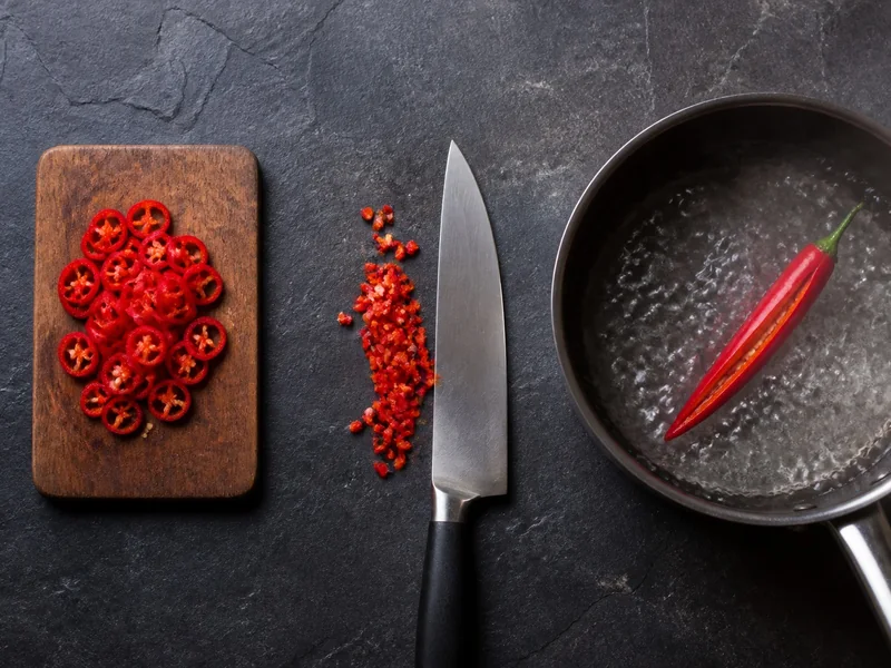 Cayenne peppers cut into rings, minced finely, and slit whole for three fresh cooking methods