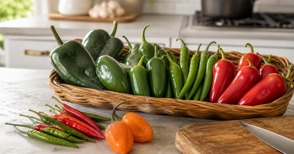A mixed basket of fresh chili peppers beside a cutting board in a home kitchen