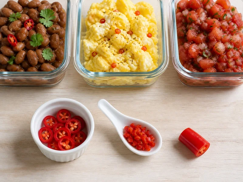 One red chili pepper portioned into rings and mince for beans, eggs, and salsa