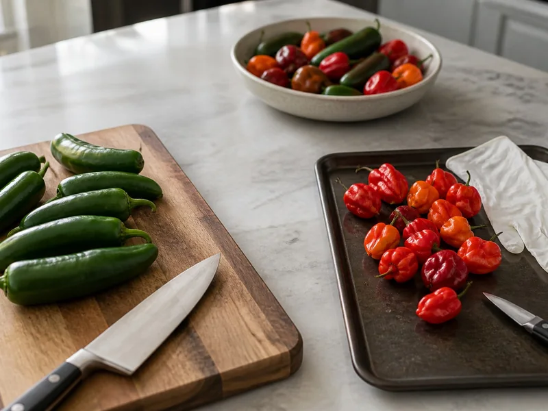 Mild green chilies and small hot peppers separated on different cutting surfaces