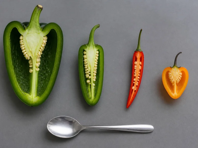 Four chili pepper halves showing different pod sizes, wall thicknesses, and internal tissue