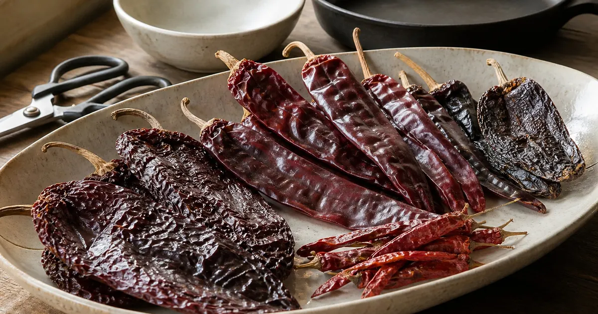 Assorted whole dried chili peppers arranged with kitchen shears and a dry skillet