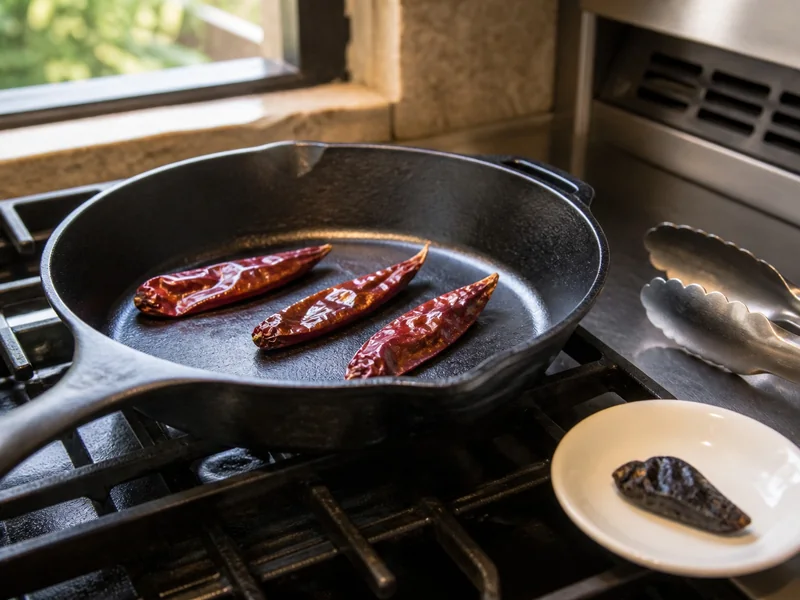 Dried chilies lightly toasted in a skillet beside one blackened discarded pod