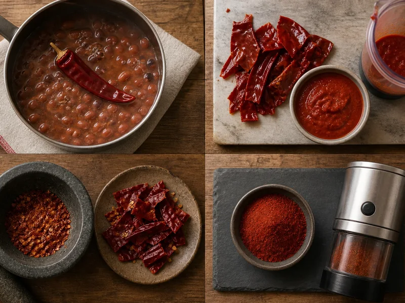 Whole, rehydrated, crushed, and ground dried chili pepper cooking forms