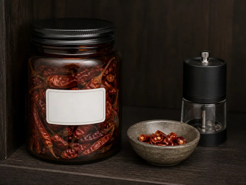 Whole dried chilies stored in an airtight dark jar beside a small grinding portion