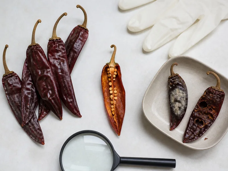 Sound dried chilies beside an opened pod and peppers with mold and insect damage