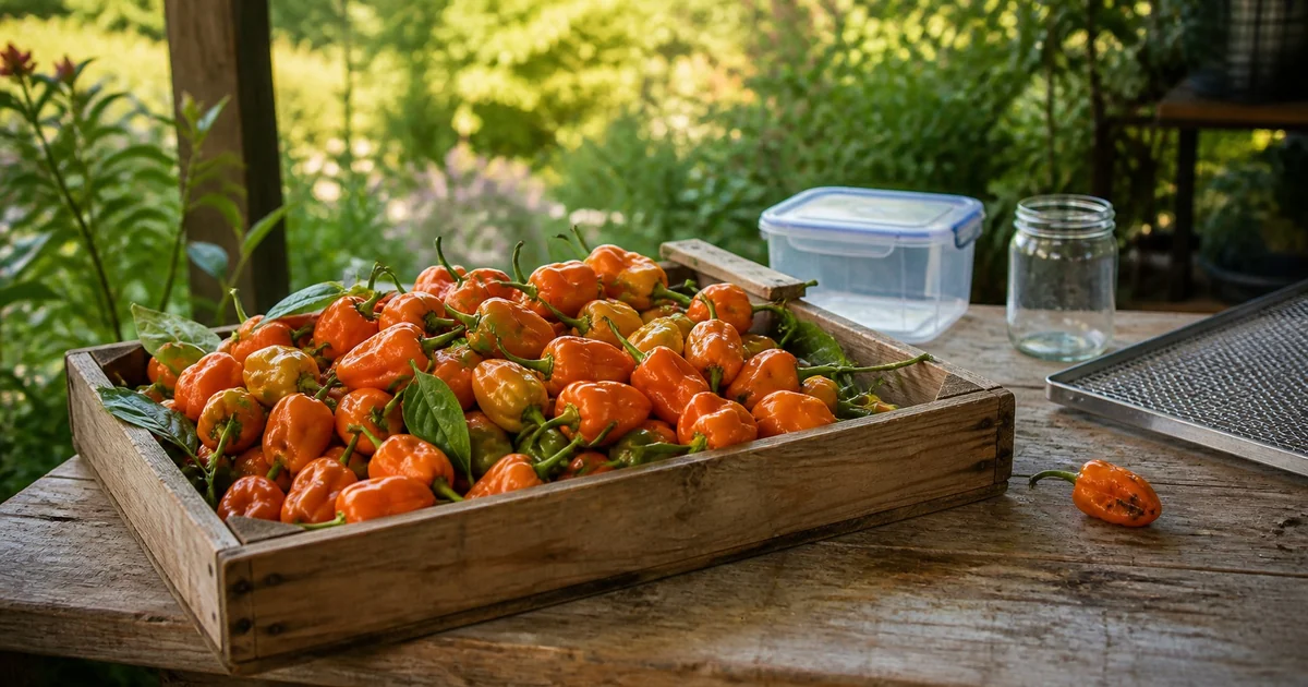 Fresh orange habaneros sorted in a harvest crate beside storage containers