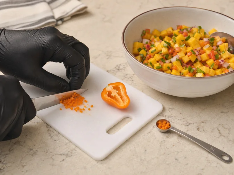 Gloved hands mince habanero beside a quarter-teaspoon portion and mango salsa