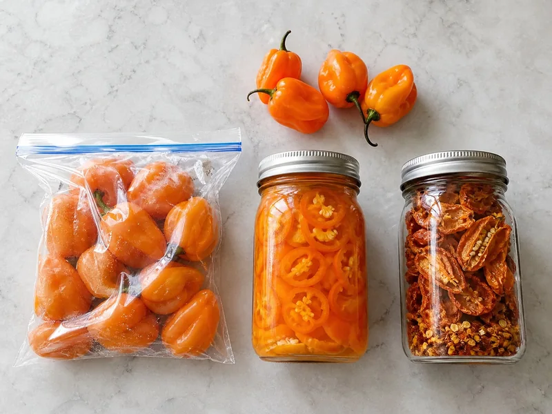 Frozen whole, pickled, and dried habaneros arranged as three preservation options