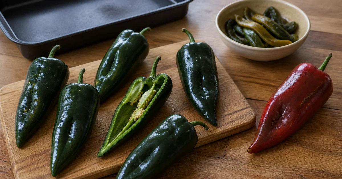 Whole, slit, and roasted poblano peppers beside one ripe red poblano on a kitchen prep board