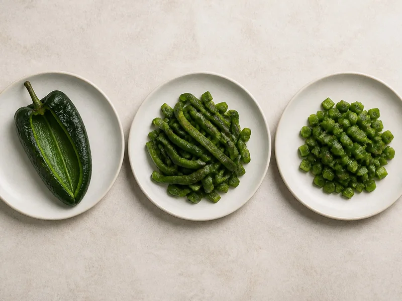 A slit poblano shell, roasted poblano strips, and medium poblano dice on separate plates