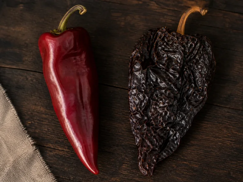 A fresh ripe red poblano beside the dark wrinkled ancho chile made by drying it