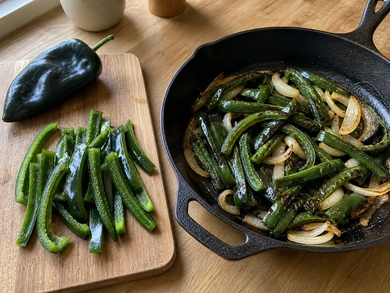 Raw poblano strips beside unpeeled poblano strips browning in a skillet