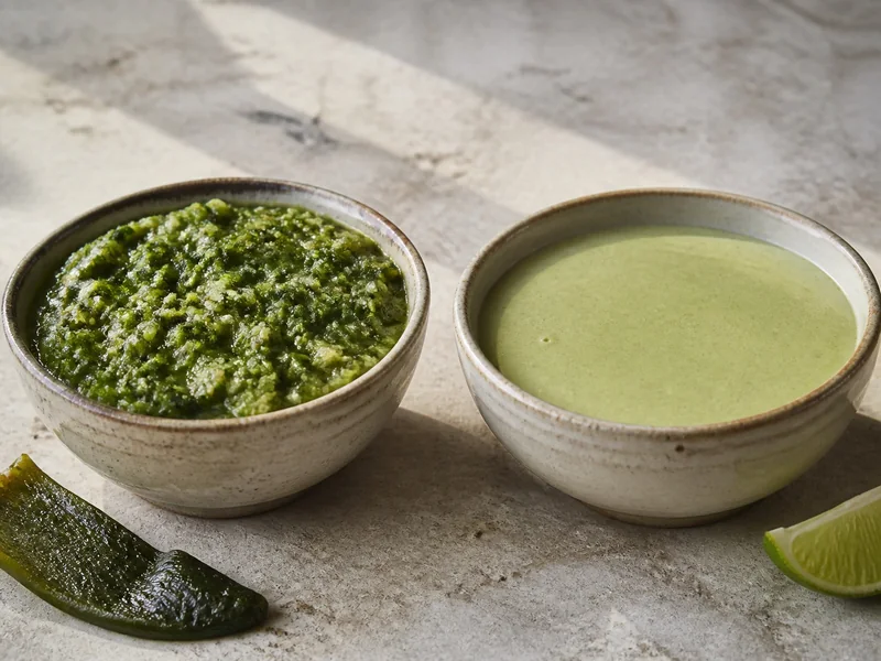 Coarse roasted poblano salsa beside smooth pale green poblano cream