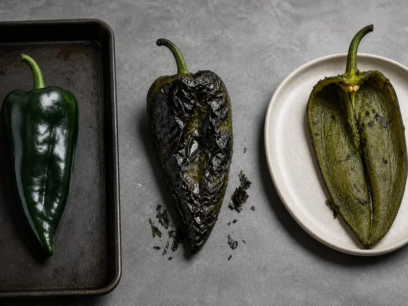 Raw, blistered, and peeled poblano peppers showing three stages of roasting
