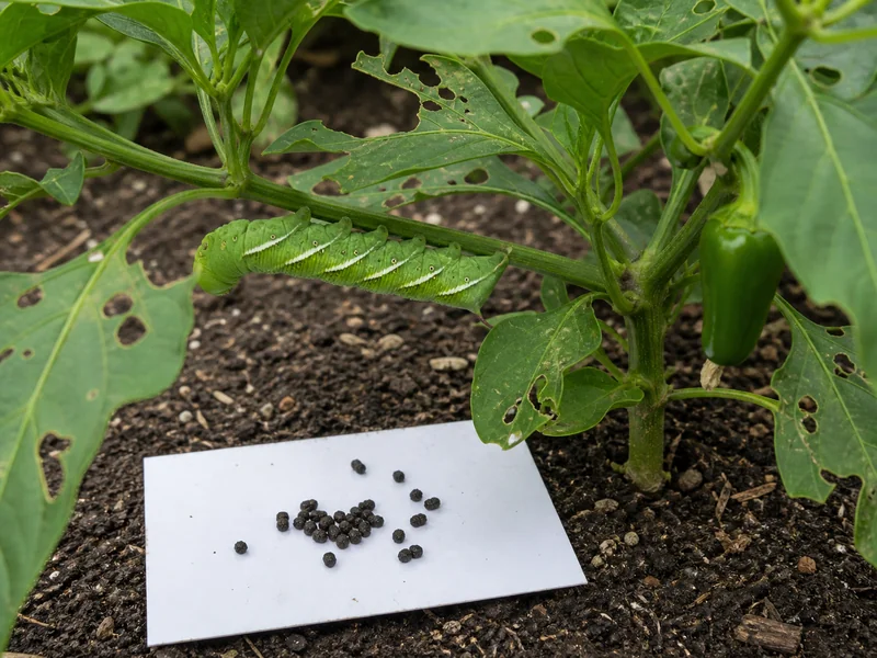 Green hornworm camouflaged along a chewed pepper branch above dark caterpillar droppings collected on a white card