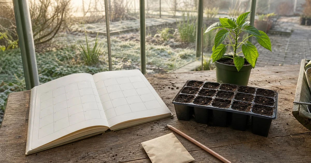Pepper seed tray and calendar in a greenhouse before spring planting