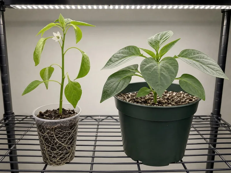 Overheld flowering pepper seedling beside a compact transplant-ready plant