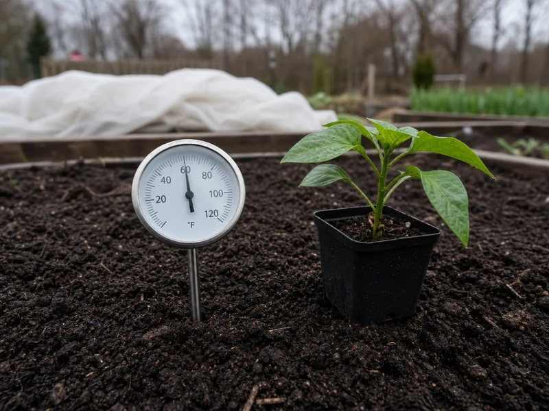 Soil thermometer at 60 degrees beside a pepper transplant in a raised bed