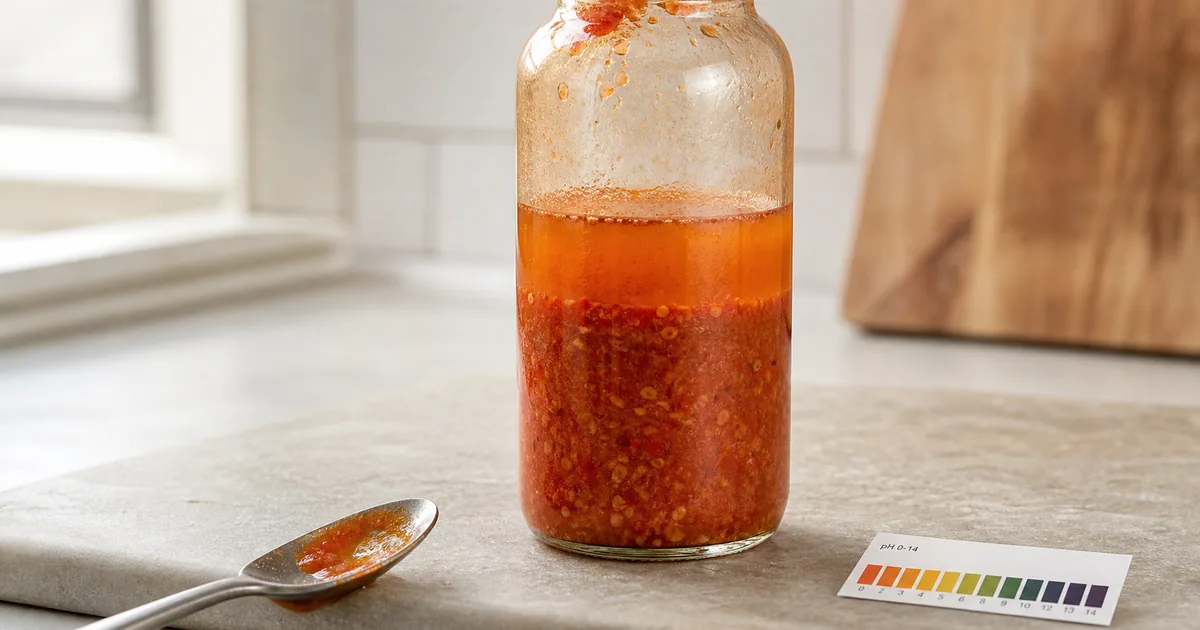 Separated hot sauce bottle with pepper solids settled below a thinner liquid layer on a kitchen counter