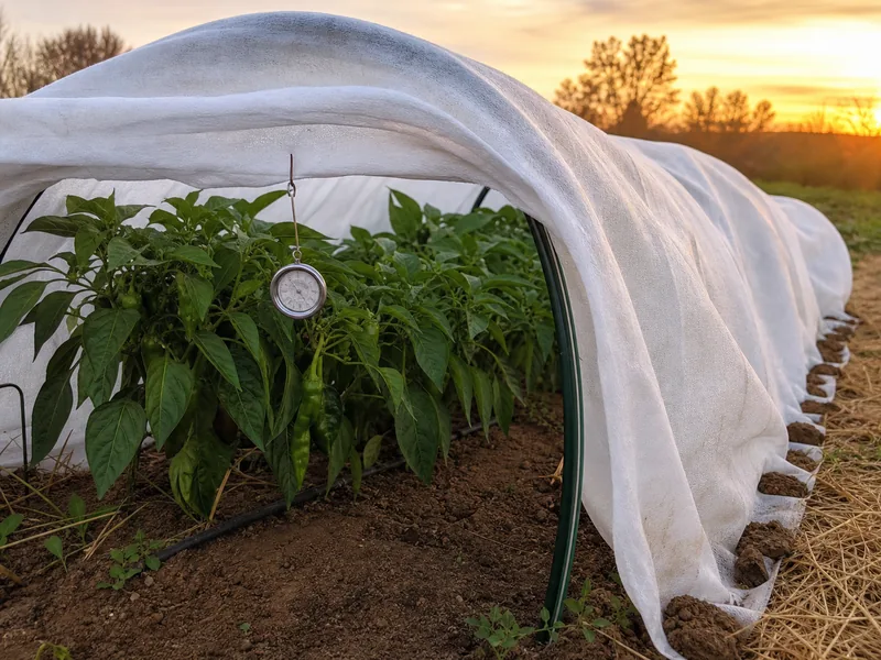 Frost cloth supported over pepper plants with a thermometer at canopy height