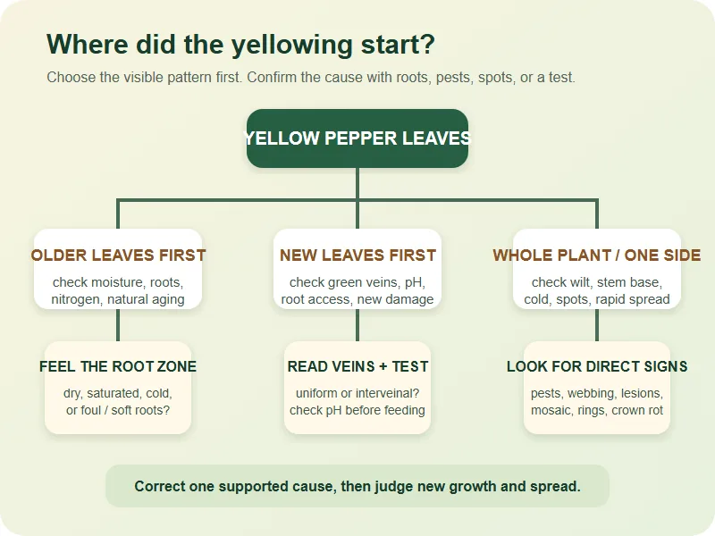 Decision tree for diagnosing pepper leaf yellowing by leaf age, root-zone condition, vein pattern, and direct signs