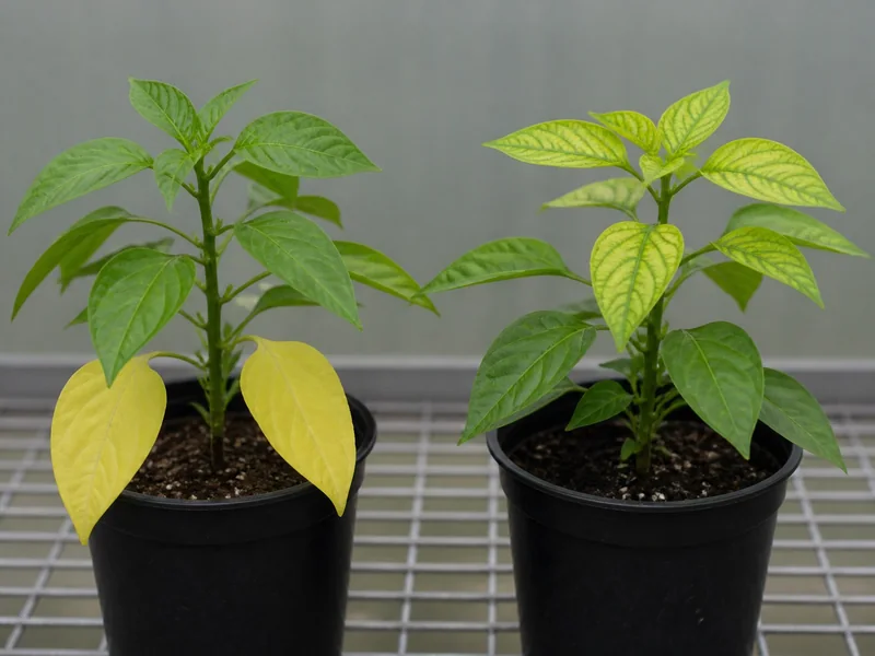 Pepper plants showing yellow lower leaves and yellow tissue between green veins