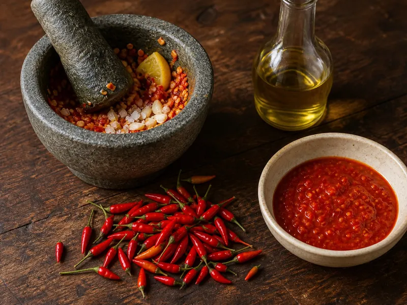 African bird's eye chiles beside a mortar and a bowl of piri piri sauce