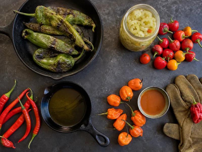 American peppers arranged beside roasting, frying, pickling, and sauce ingredients