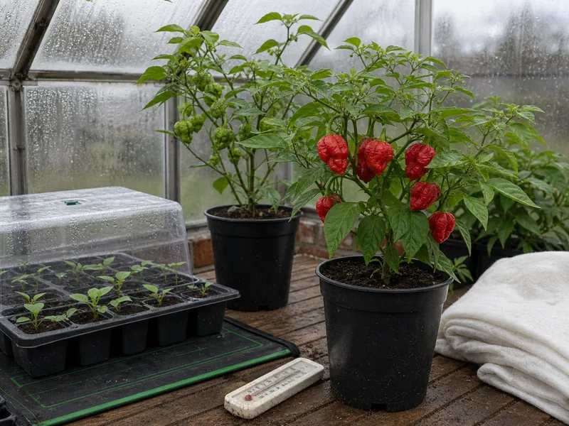 Potted superhot pepper plants, seedlings, heat mat, and fleece inside a damp British greenhouse