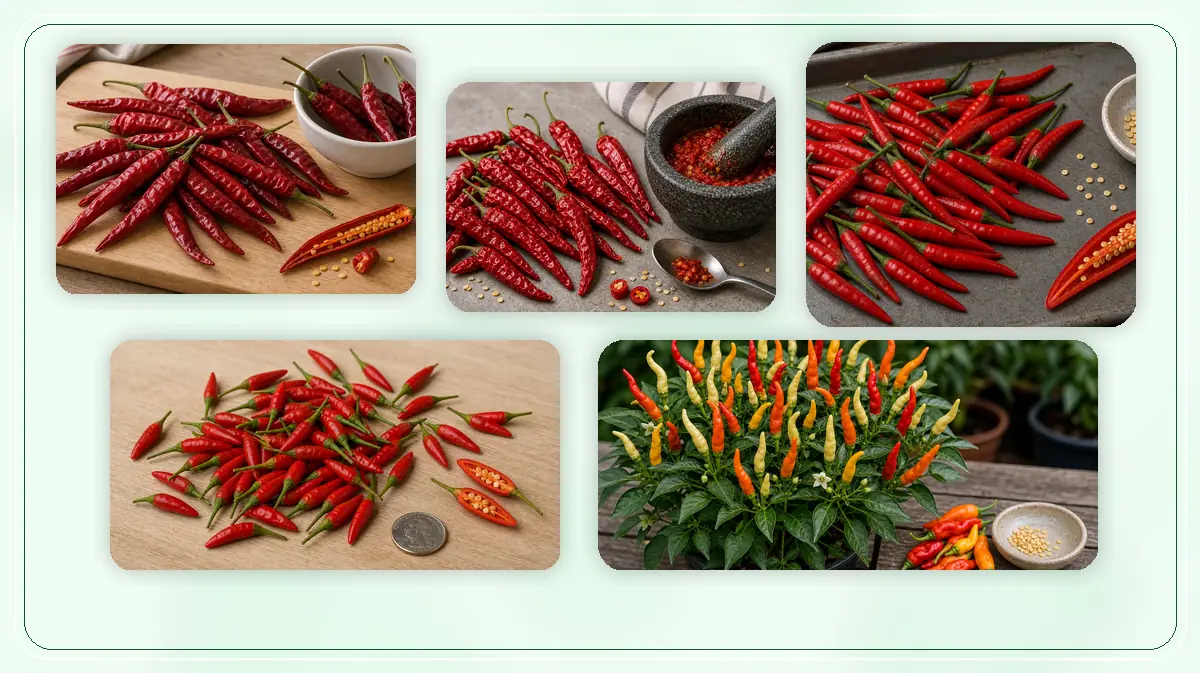 Capsicum annuum Varieties in-post pepper reference image with varied cultivars and kitchen context
