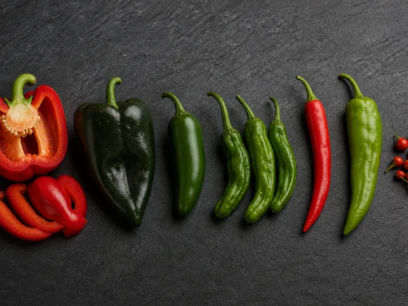 Capsicum annuum peppers arranged from thick-walled bell and poblano forms to jalapeno, shishito, long chile, and tiny chiltepin fruits