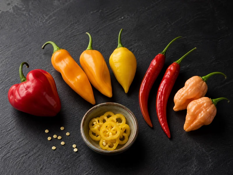 Capsicum baccatum aj? lineup progressing from broad mild forms to slender and wrinkled peppers