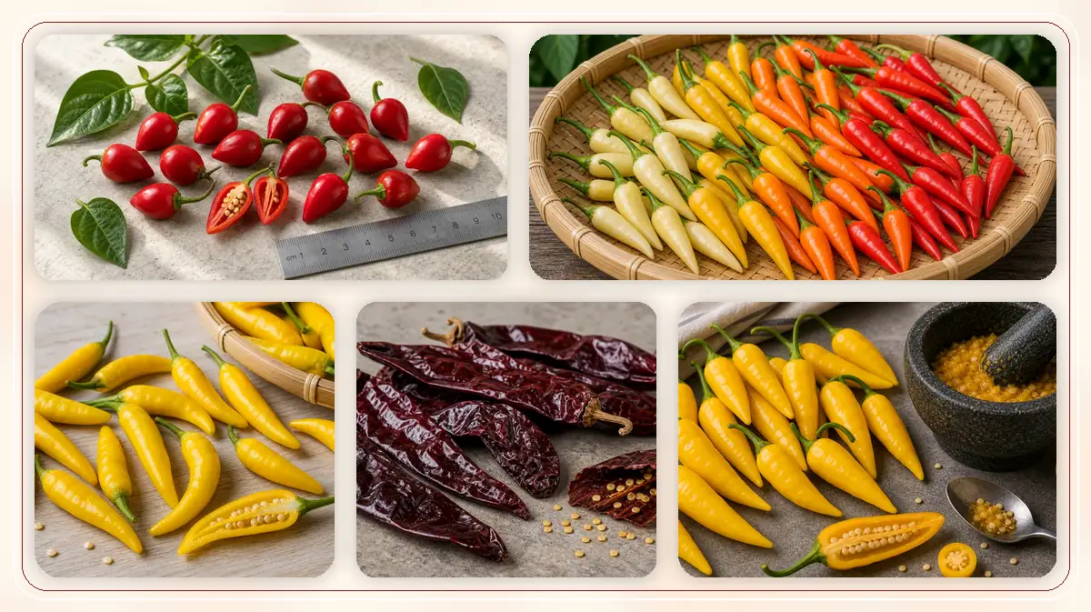 Capsicum baccatum Varieties in-post pepper reference image with varied cultivars and kitchen context