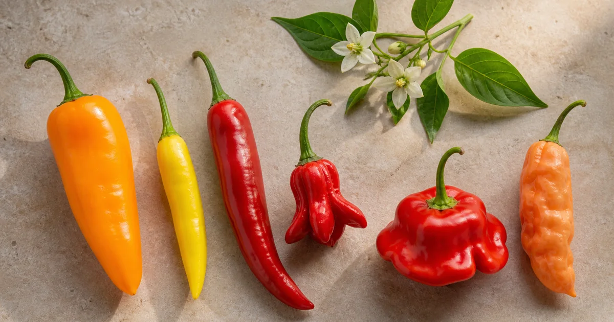 Capsicum baccatum aj? peppers in yellow, red, peach, and winged forms beside spotted white flowers