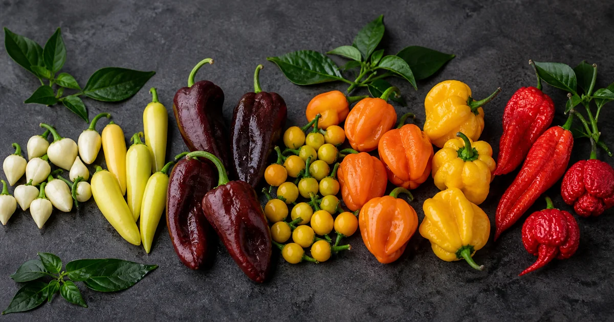 Mild aromatic, lantern, bonnet, and superhot Capsicum chinense peppers arranged with green leaves