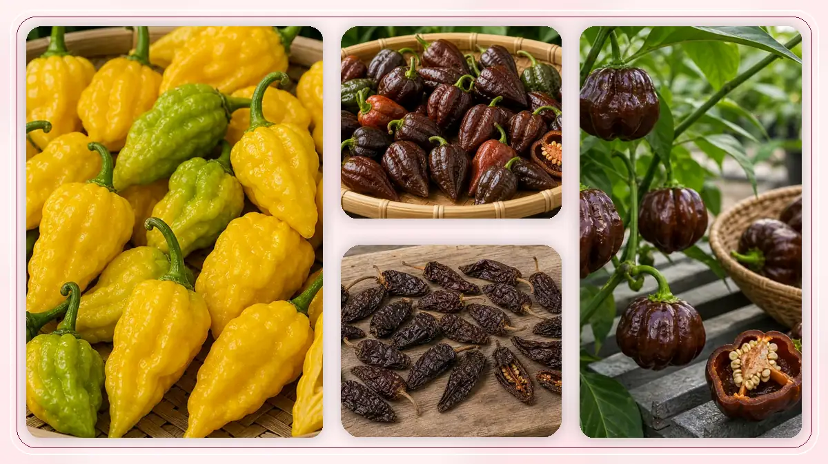 Capsicum chinense Varieties in-post pepper reference image with varied cultivars and kitchen context
